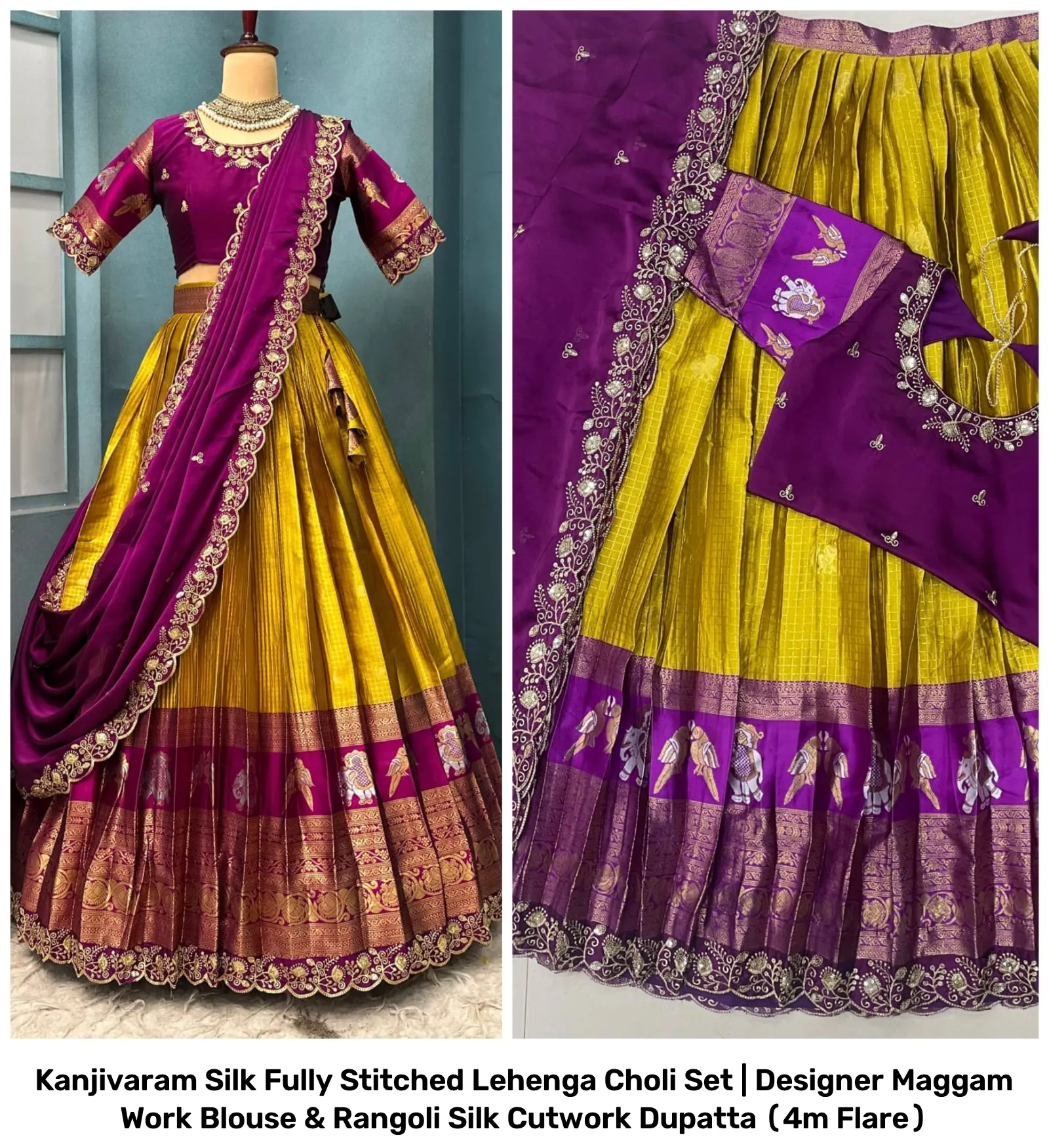 Kanjivaram Silk Fully Stitched Lehenga Choli Set | Designer Maggam Work Blouse & Rangoli Silk Cutwork Dupatta (4m Flare) 11