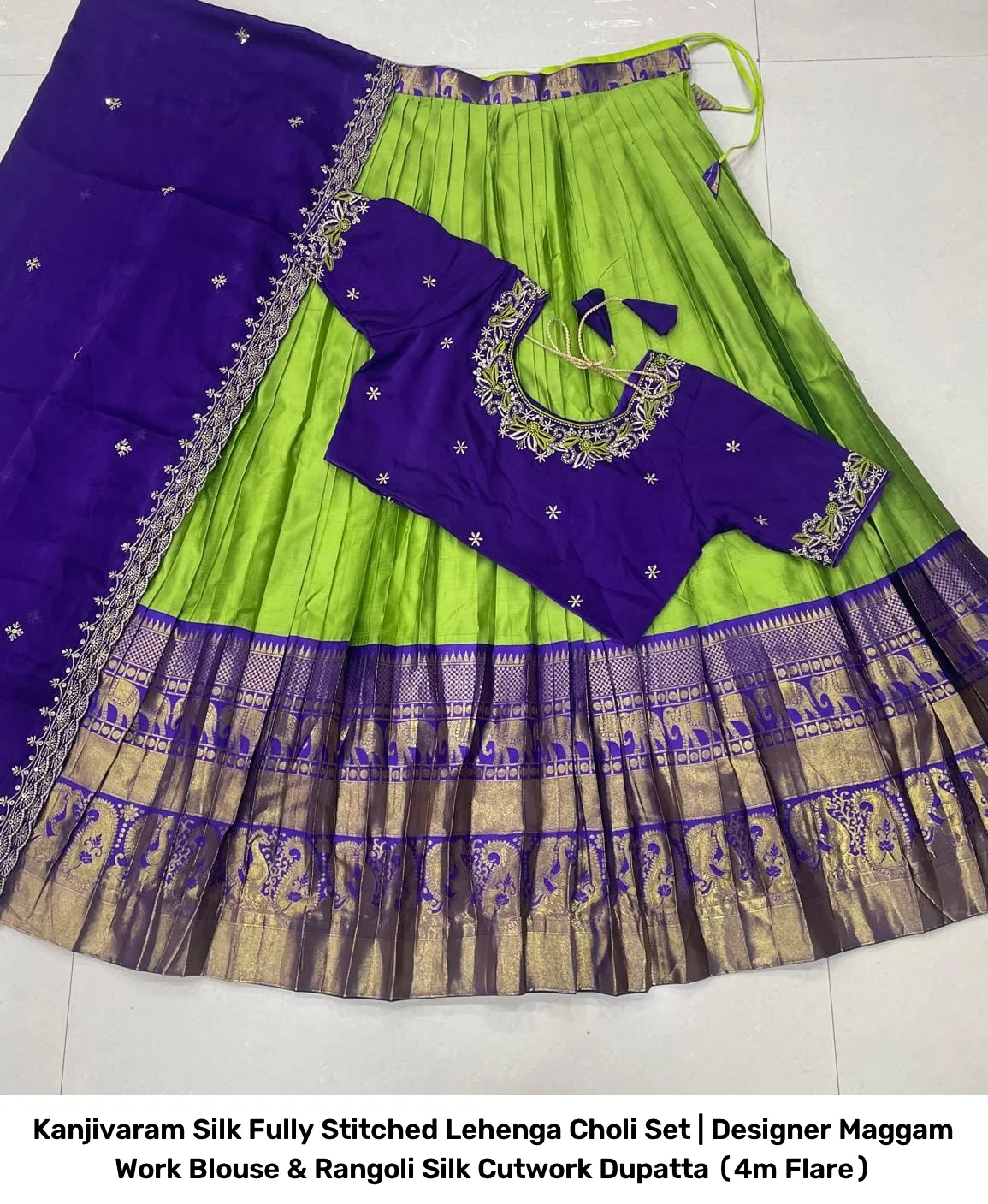 Kanjivaram Silk Fully Stitched Lehenga Choli Set | Designer Maggam Work Blouse & Rangoli Silk Cutwork Dupatta (4m Flare) 12