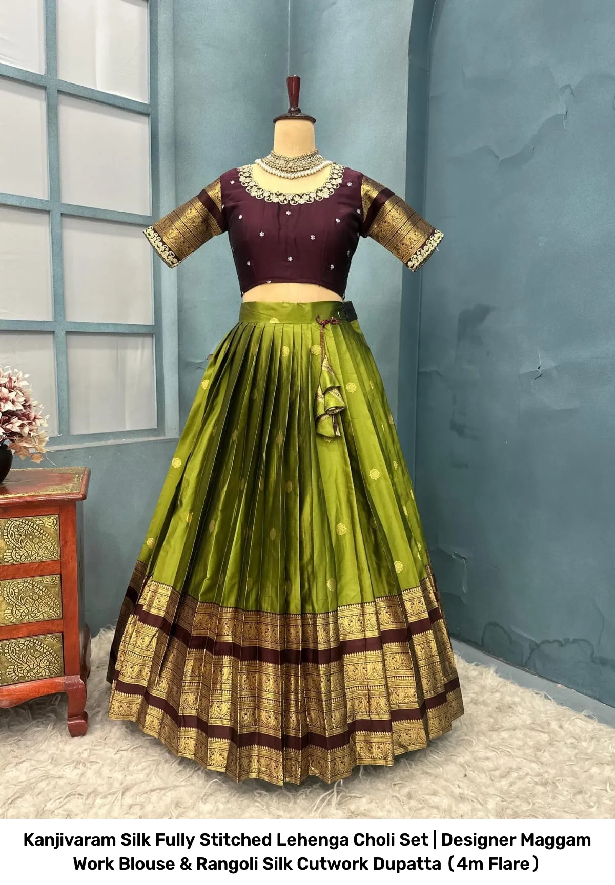 Kanjivaram Silk Fully Stitched Lehenga Choli Set | Designer Maggam Work Blouse & Rangoli Silk Cutwork Dupatta (4m Flare) 14