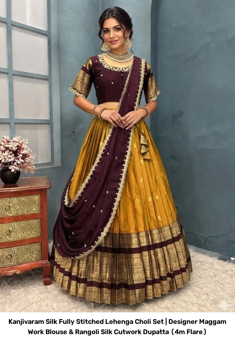 Kanjivaram Silk Fully Stitched Lehenga Choli Set | Designer Maggam Work Blouse & Rangoli Silk Cutwork Dupatta (4m Flare) 17