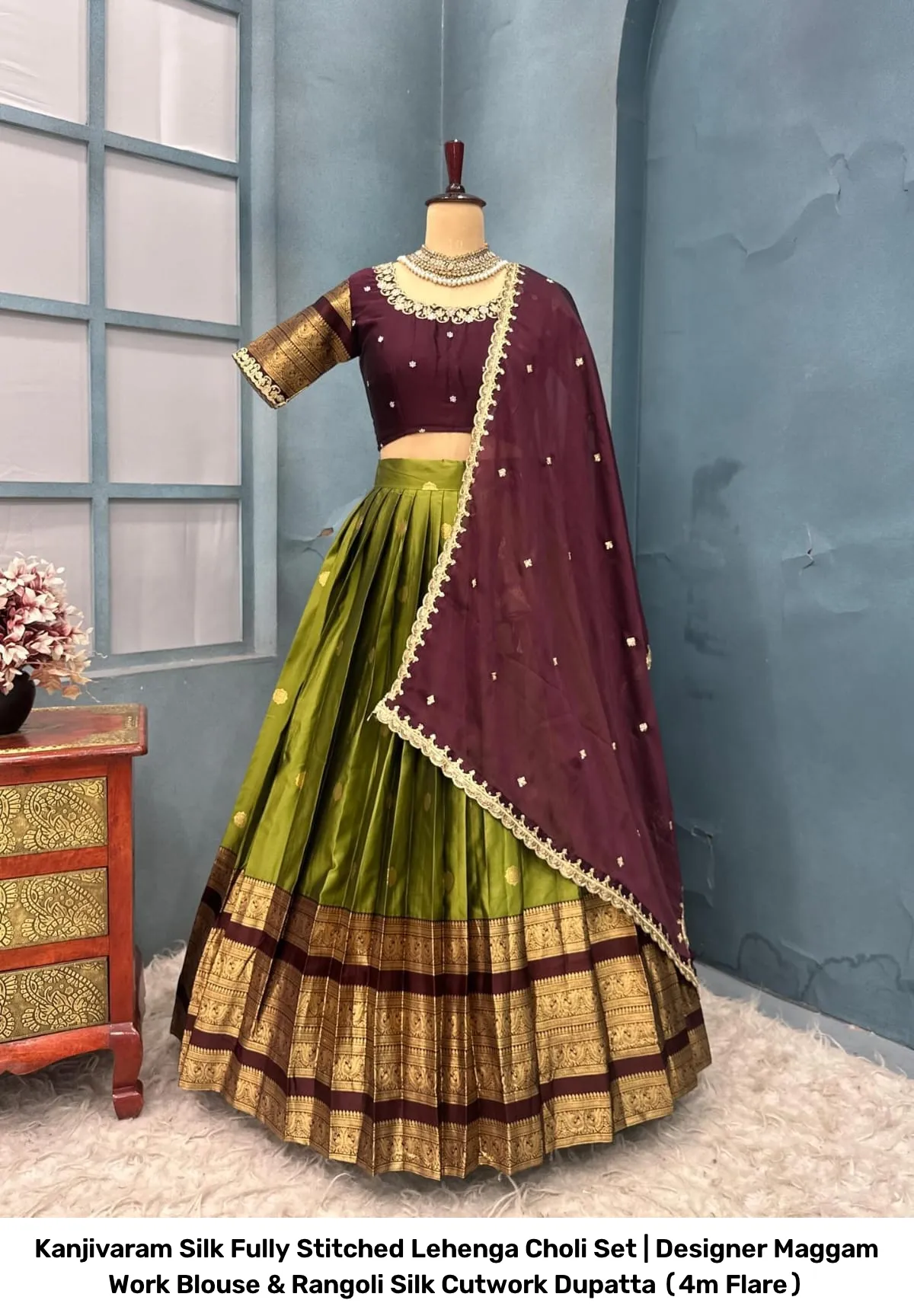 Kanjivaram Silk Fully Stitched Lehenga Choli Set | Designer Maggam Work Blouse & Rangoli Silk Cutwork Dupatta (4m Flare) 18