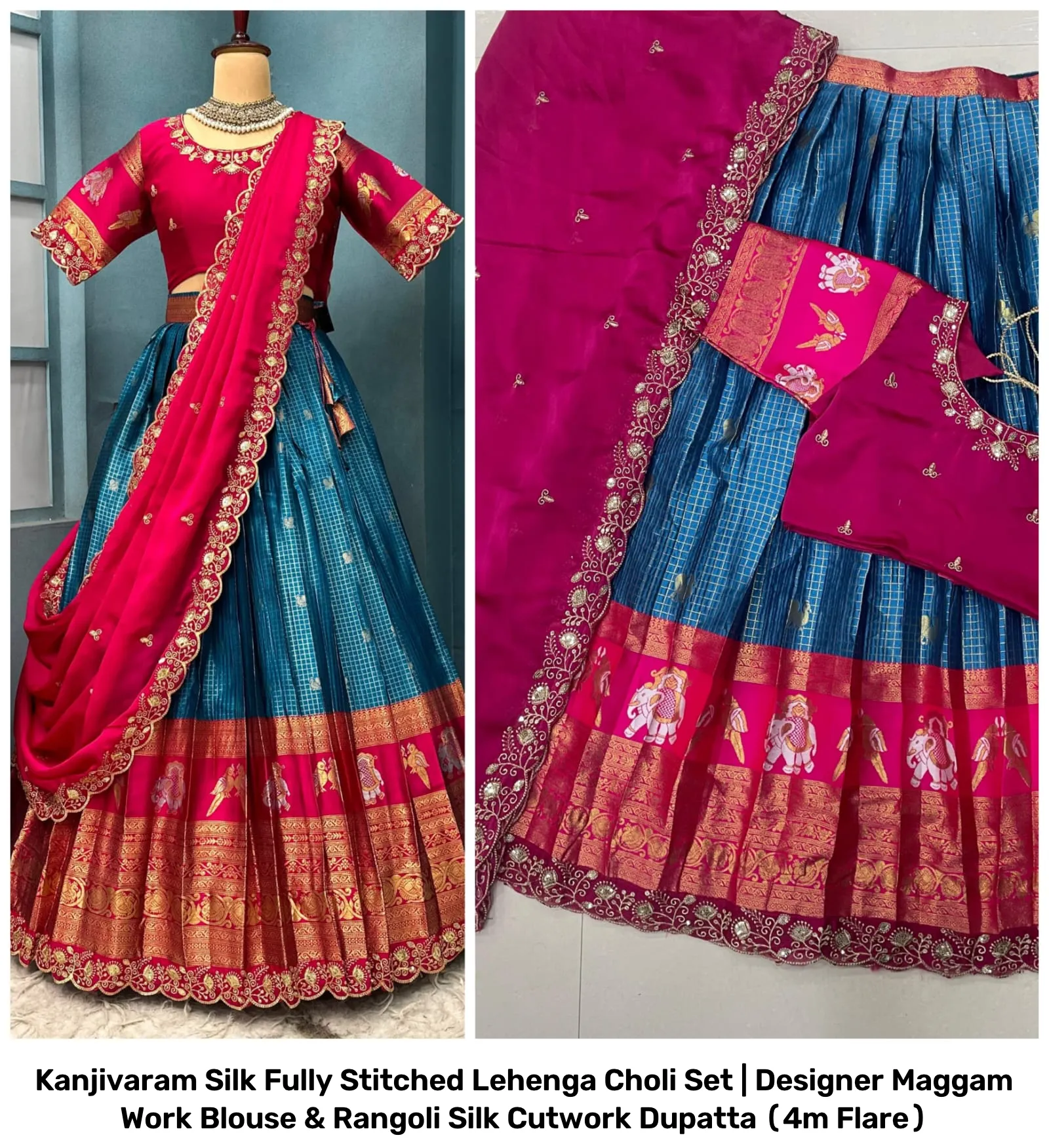 Kanjivaram Silk Fully Stitched Lehenga Choli Set | Designer Maggam Work Blouse & Rangoli Silk Cutwork Dupatta (4m Flare) 19
