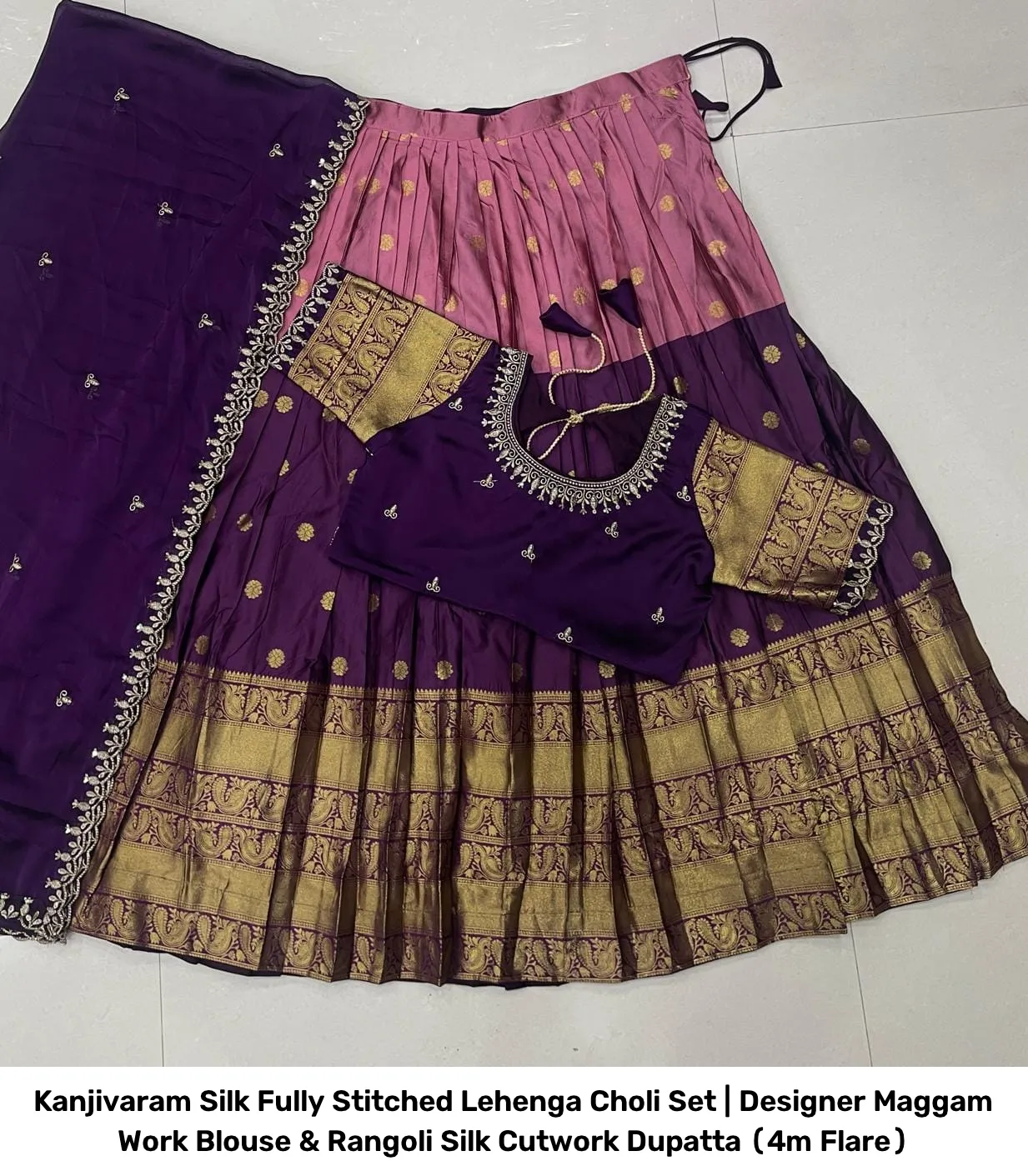 Kanjivaram Silk Fully Stitched Lehenga Choli Set | Designer Maggam Work Blouse & Rangoli Silk Cutwork Dupatta (4m Flare) 2