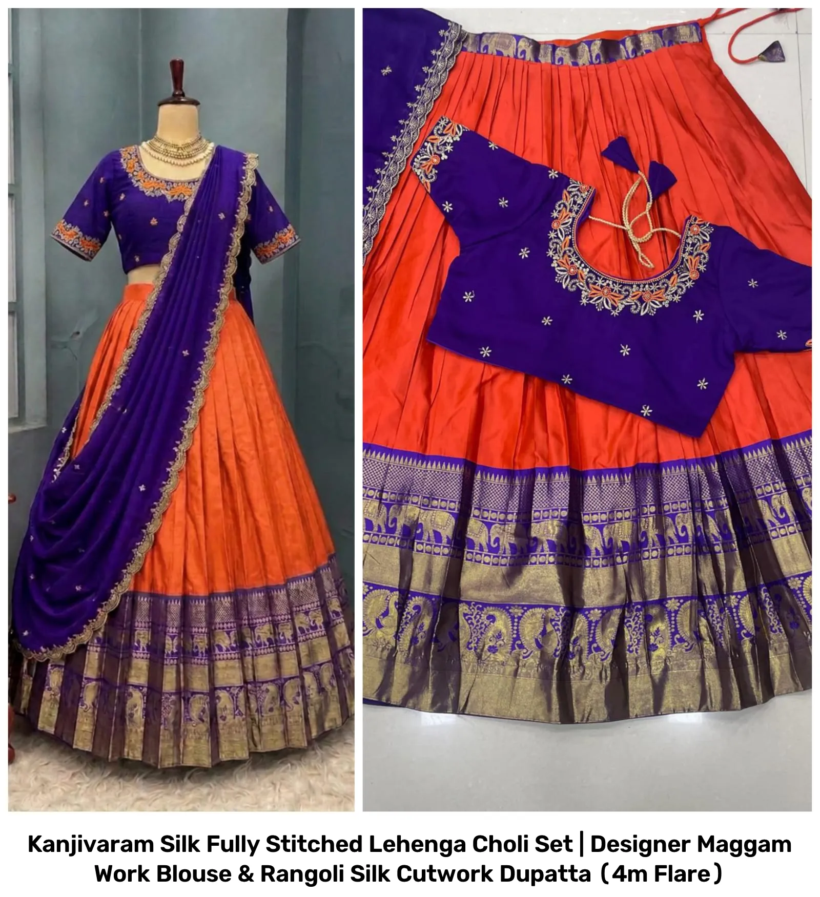 Kanjivaram Silk Fully Stitched Lehenga Choli Set | Designer Maggam Work Blouse & Rangoli Silk Cutwork Dupatta (4m Flare) 20