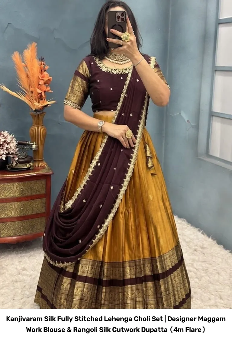 Kanjivaram Silk Fully Stitched Lehenga Choli Set | Designer Maggam Work Blouse & Rangoli Silk Cutwork Dupatta (4m Flare) 21
