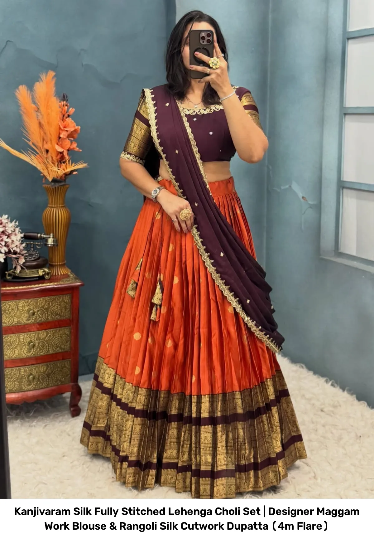 Kanjivaram Silk Fully Stitched Lehenga Choli Set | Designer Maggam Work Blouse & Rangoli Silk Cutwork Dupatta (4m Flare) 24