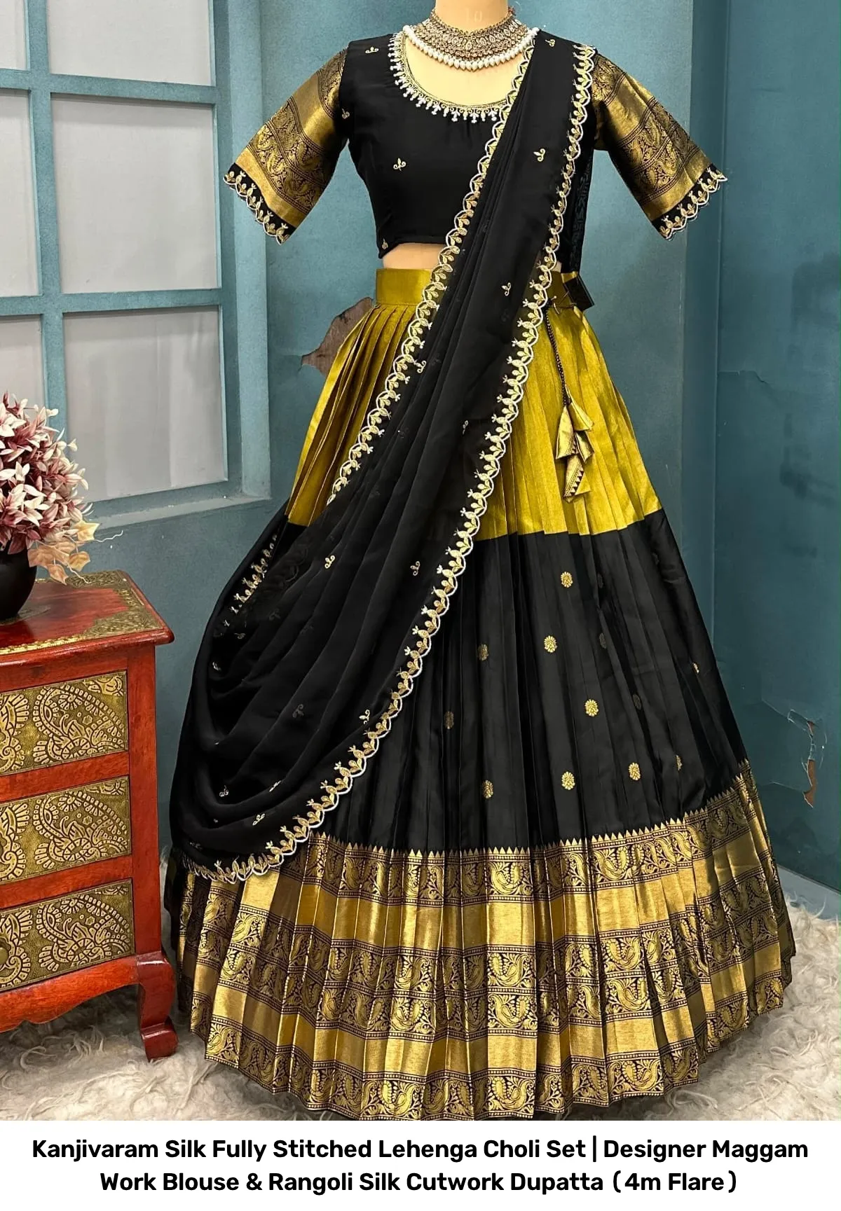 Kanjivaram Silk Fully Stitched Lehenga Choli Set | Designer Maggam Work Blouse & Rangoli Silk Cutwork Dupatta (4m Flare) 25