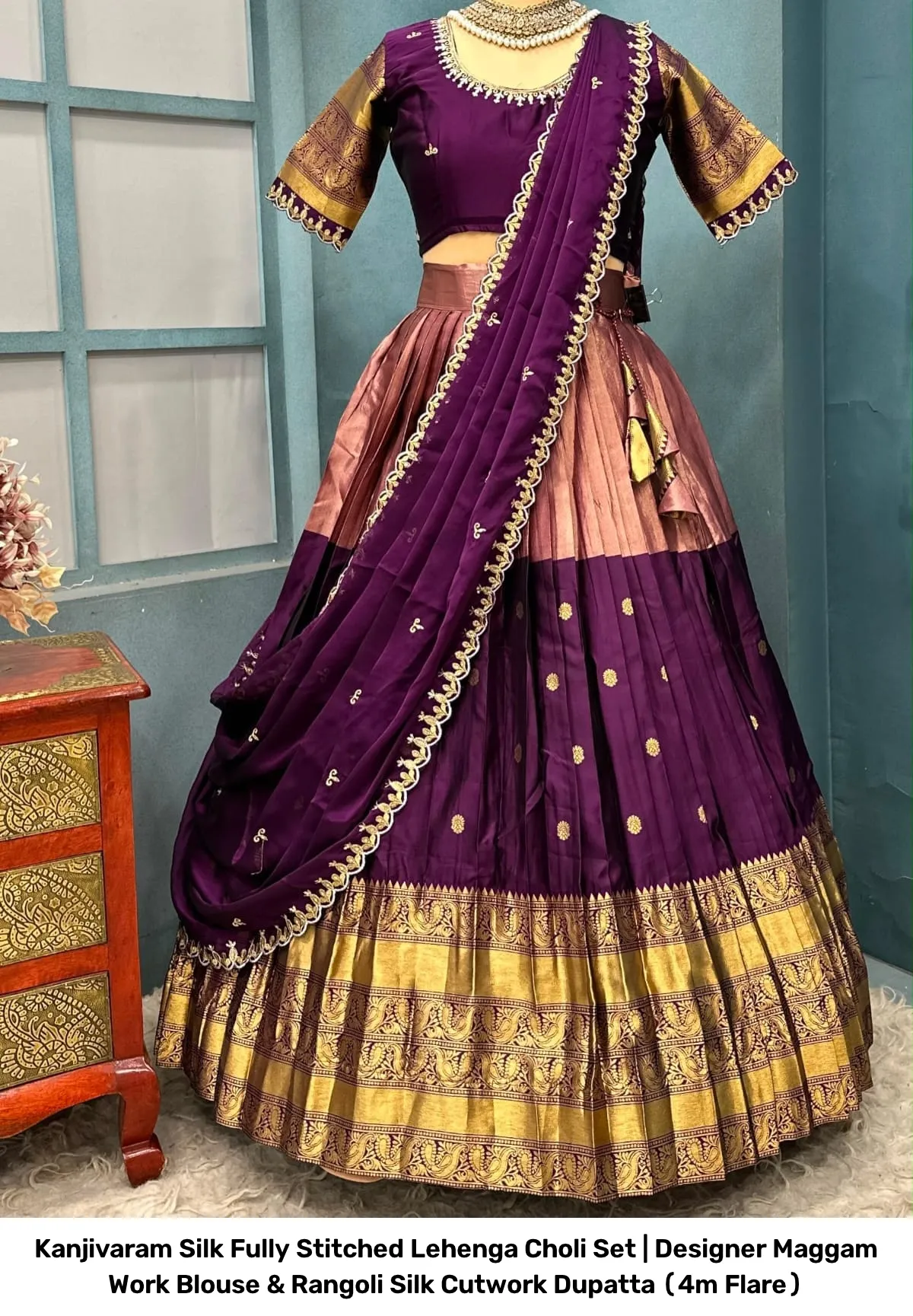 Kanjivaram Silk Fully Stitched Lehenga Choli Set | Designer Maggam Work Blouse & Rangoli Silk Cutwork Dupatta (4m Flare) 26