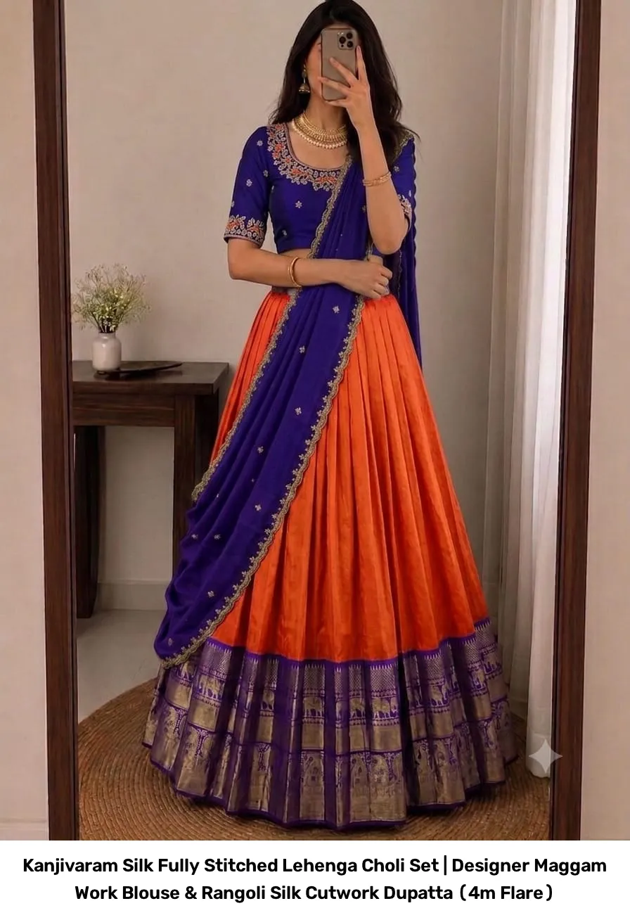 Kanjivaram Silk Fully Stitched Lehenga Choli Set | Designer Maggam Work Blouse & Rangoli Silk Cutwork Dupatta (4m Flare) 27