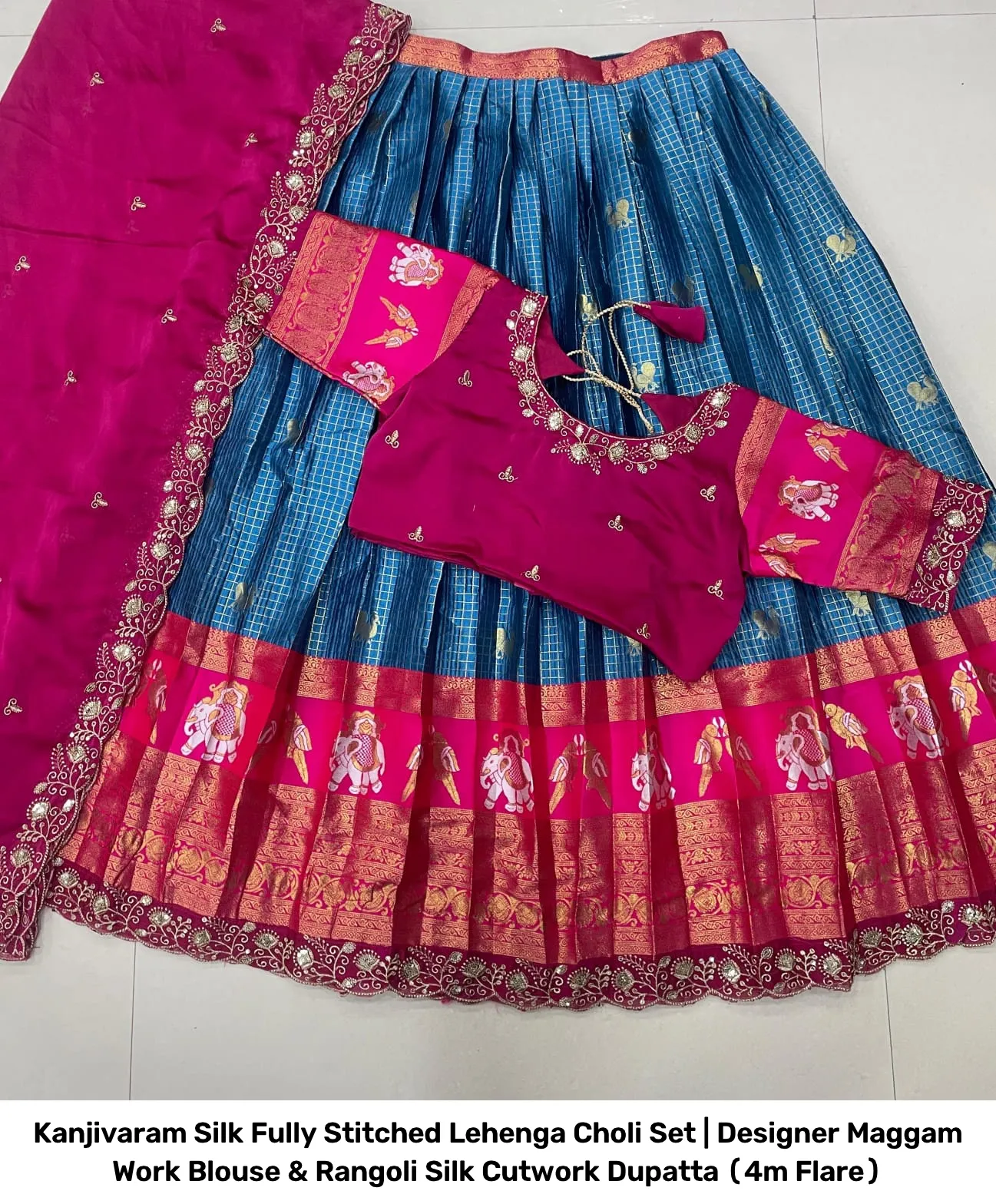 Kanjivaram Silk Fully Stitched Lehenga Choli Set | Designer Maggam Work Blouse & Rangoli Silk Cutwork Dupatta (4m Flare) 28