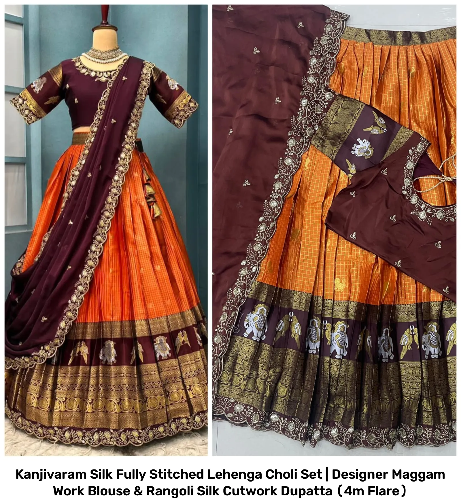 Kanjivaram Silk Fully Stitched Lehenga Choli Set | Designer Maggam Work Blouse & Rangoli Silk Cutwork Dupatta (4m Flare) 3