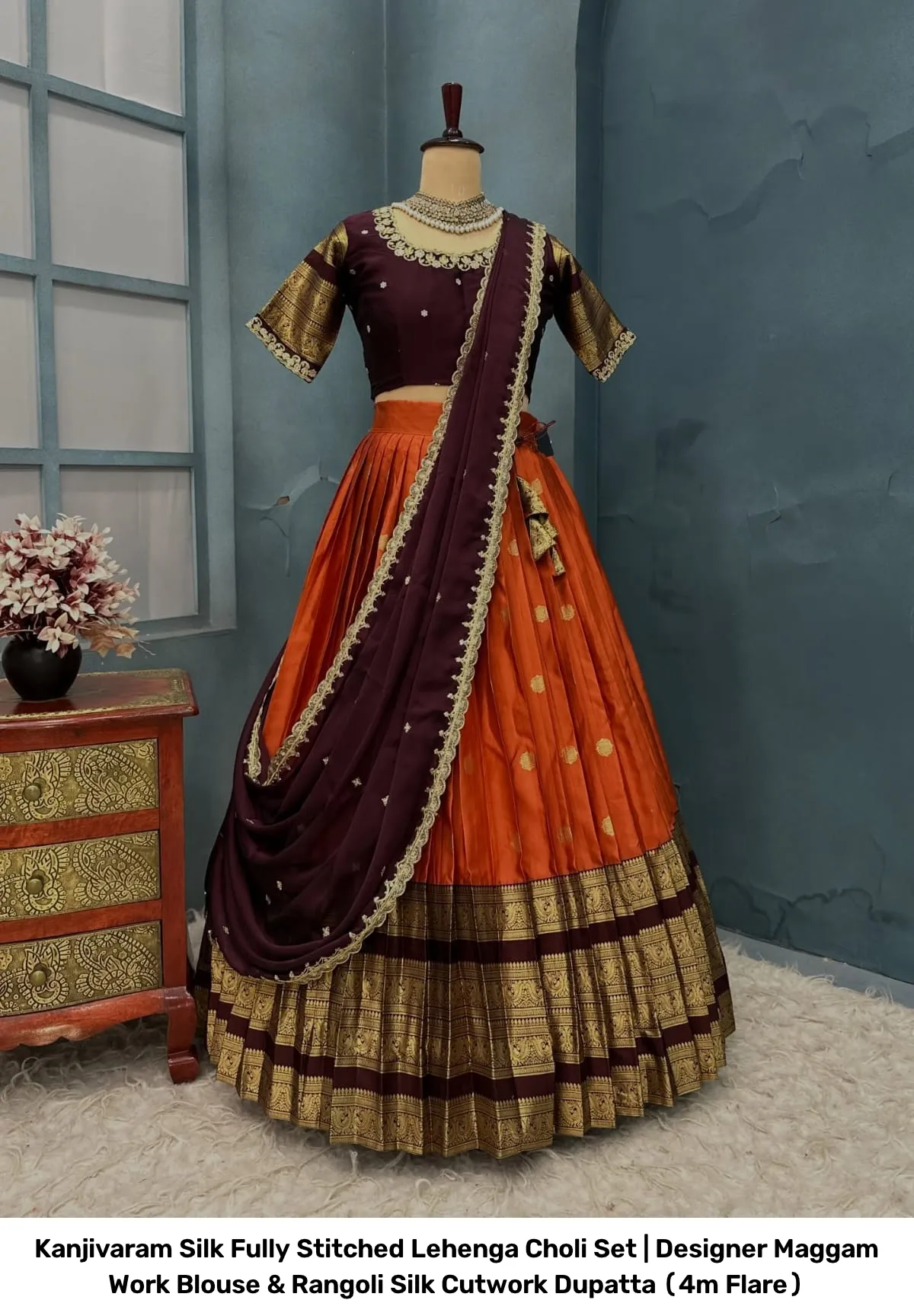 Kanjivaram Silk Fully Stitched Lehenga Choli Set | Designer Maggam Work Blouse & Rangoli Silk Cutwork Dupatta (4m Flare) 30