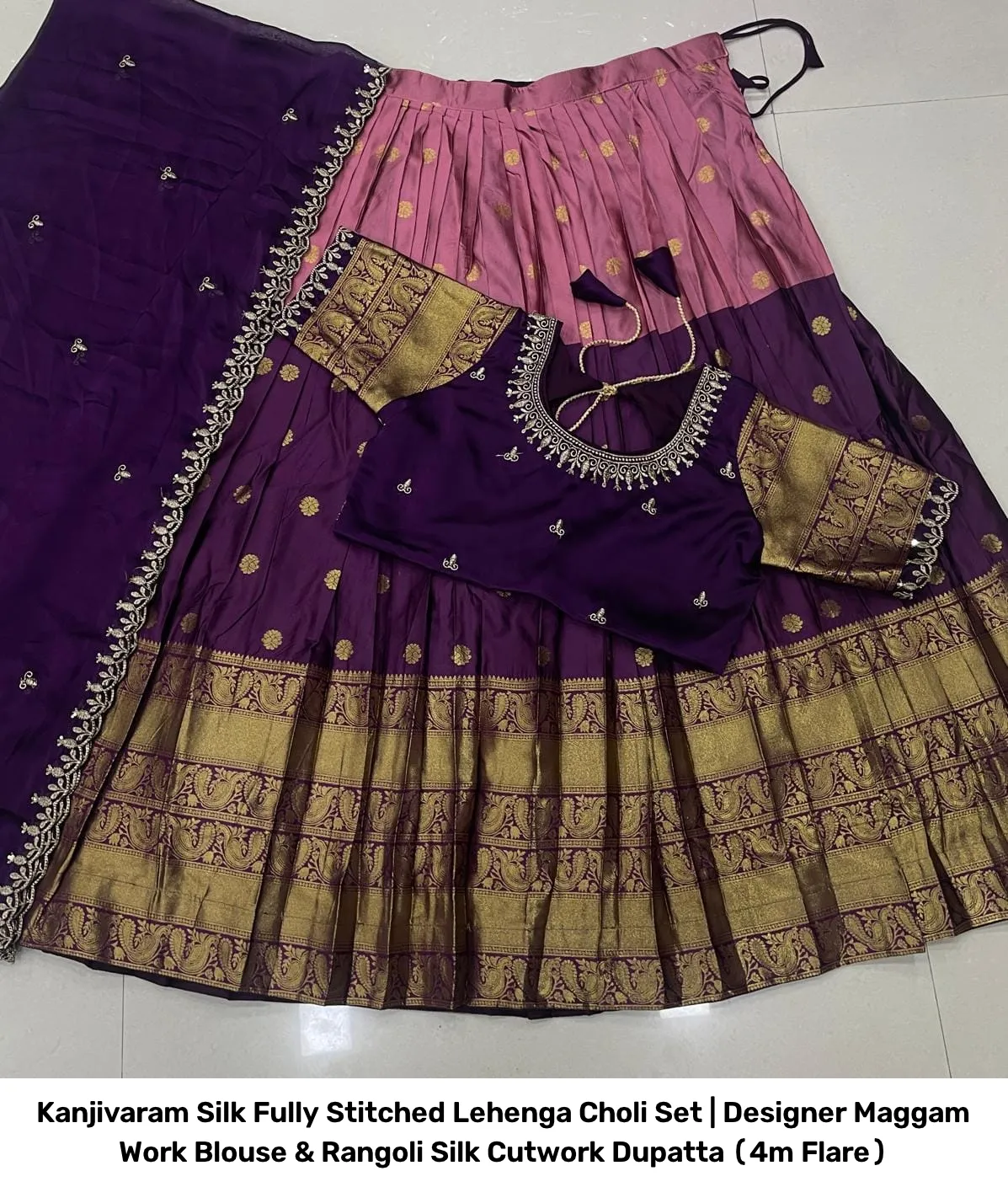 Kanjivaram Silk Fully Stitched Lehenga Choli Set | Designer Maggam Work Blouse & Rangoli Silk Cutwork Dupatta (4m Flare) 4