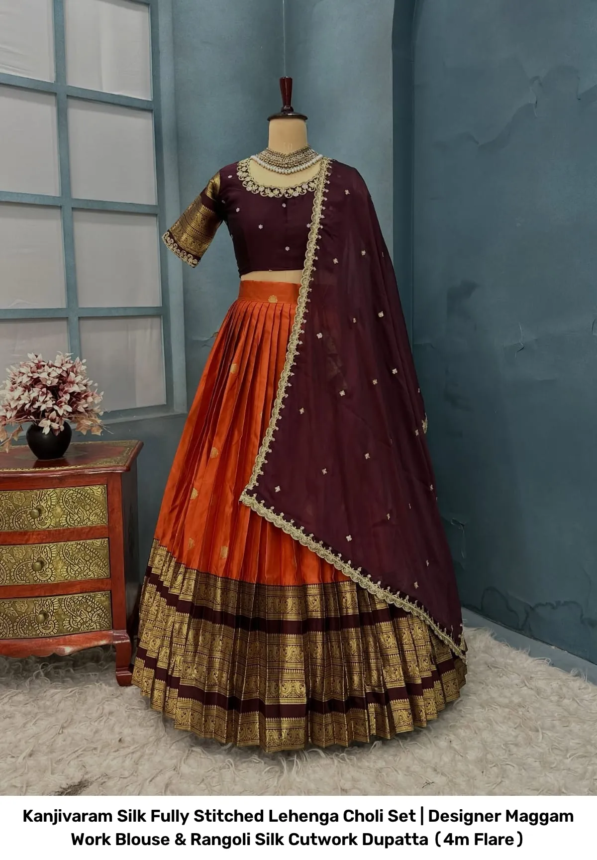 Kanjivaram Silk Fully Stitched Lehenga Choli Set | Designer Maggam Work Blouse & Rangoli Silk Cutwork Dupatta (4m Flare) 5