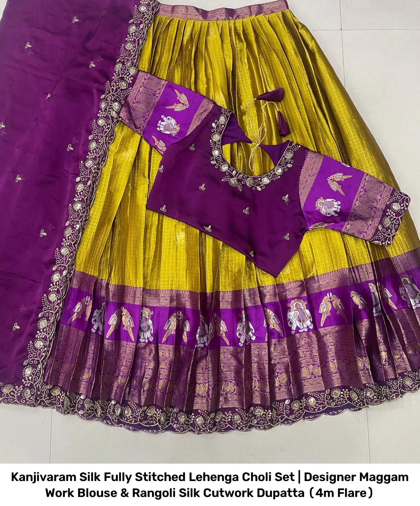 Kanjivaram Silk Fully Stitched Lehenga Choli Set | Designer Maggam Work Blouse & Rangoli Silk Cutwork Dupatta (4m Flare) 7