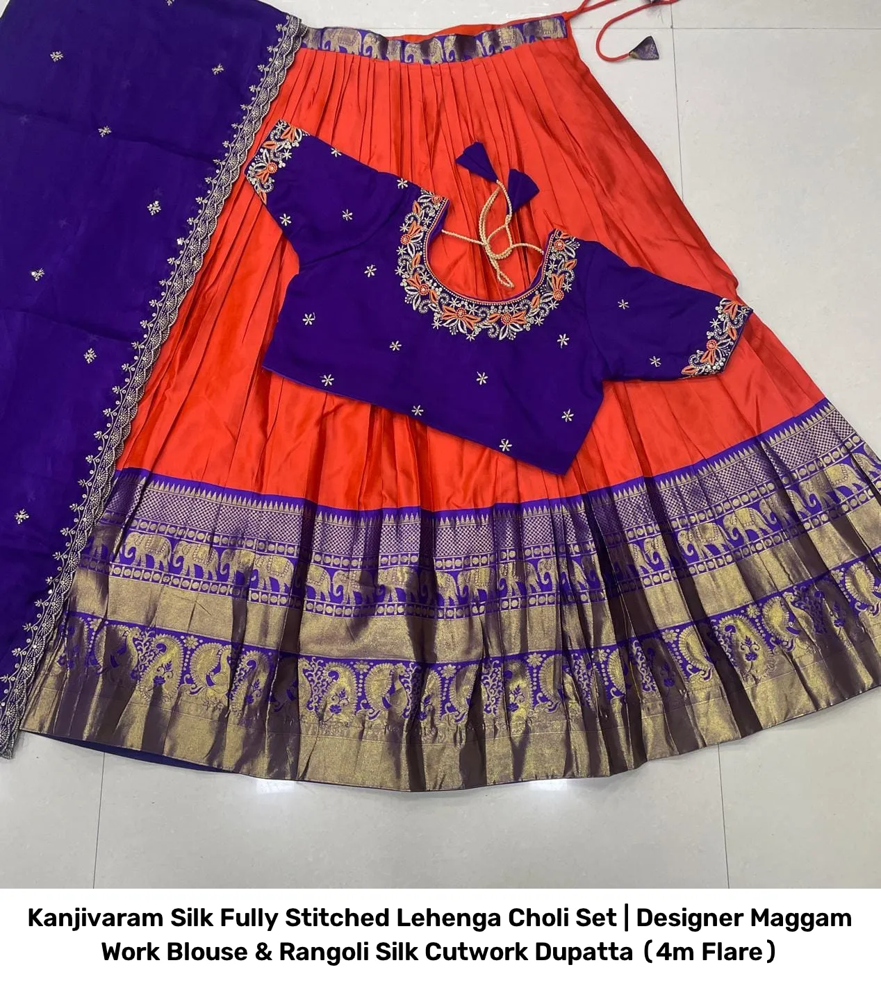 Kanjivaram Silk Fully Stitched Lehenga Choli Set | Designer Maggam Work Blouse & Rangoli Silk Cutwork Dupatta (4m Flare) 8