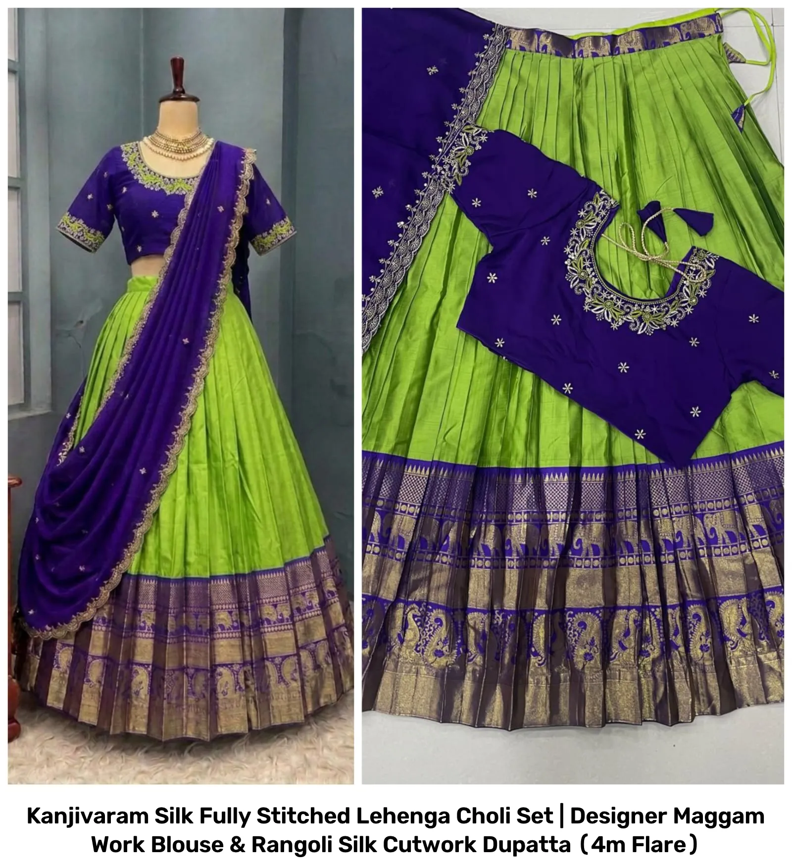 Kanjivaram Silk Fully Stitched Lehenga Choli Set | Designer Maggam Work Blouse & Rangoli Silk Cutwork Dupatta (4m Flare) 9