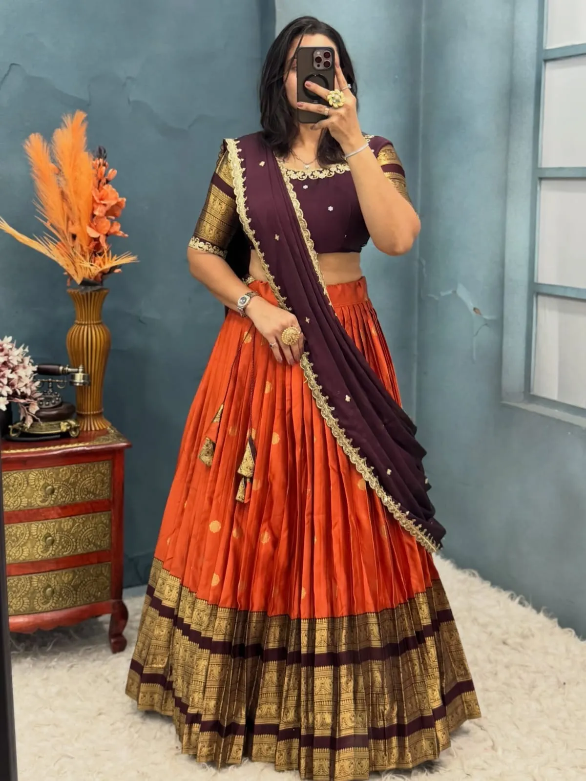 Kanjiveram Silk Lehenga with Stitched Maggam Work Blouse