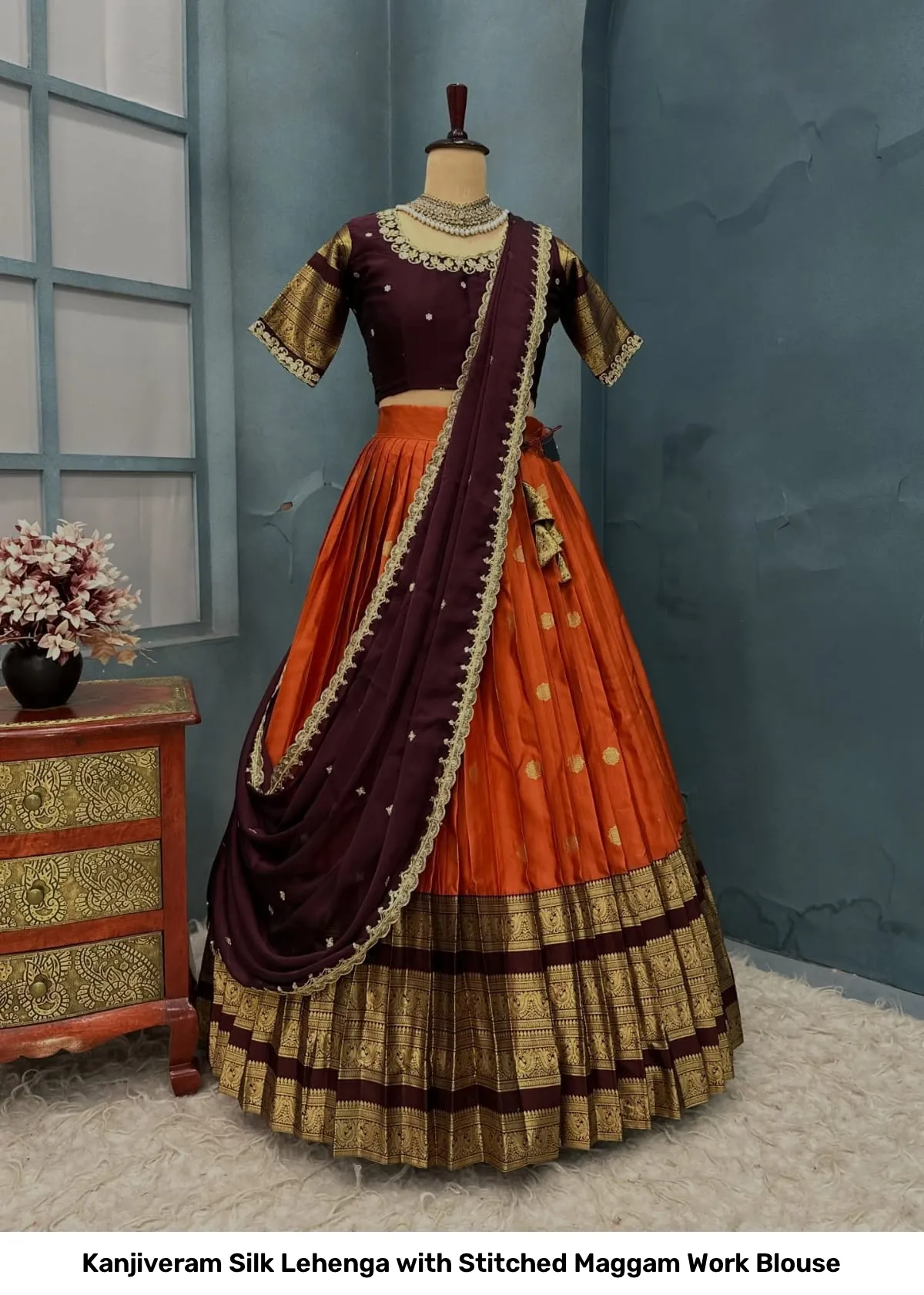 Kanjiveram Silk Lehenga with Stitched Maggam Work Blouse 27