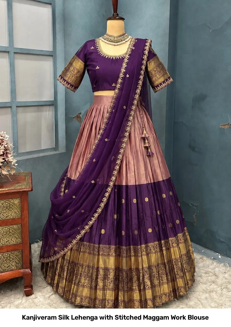 Kanjiveram Silk Lehenga with Stitched Maggam Work Blouse 31
