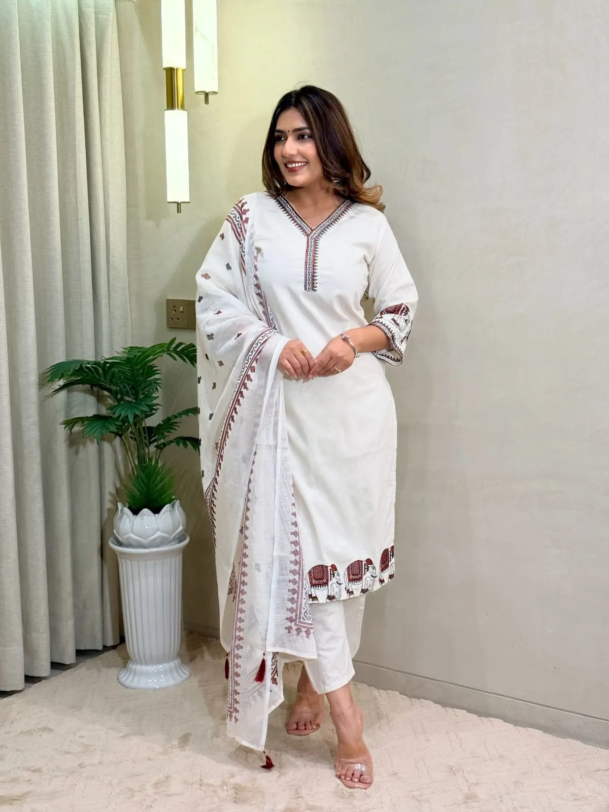 Khadi Cotton Kurti Pant Set with Linen Dupatta