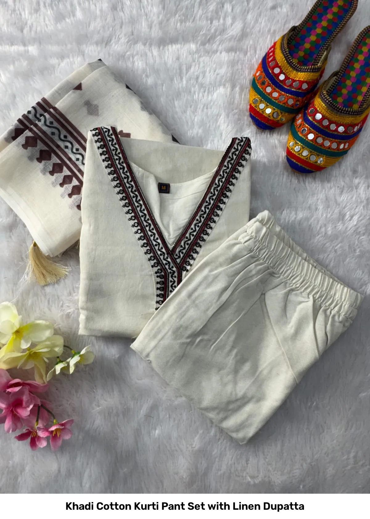 Khadi Cotton Kurti Pant Set with Linen Dupatta 10