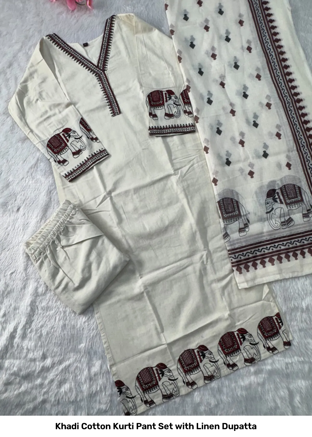 Khadi Cotton Kurti Pant Set with Linen Dupatta 2