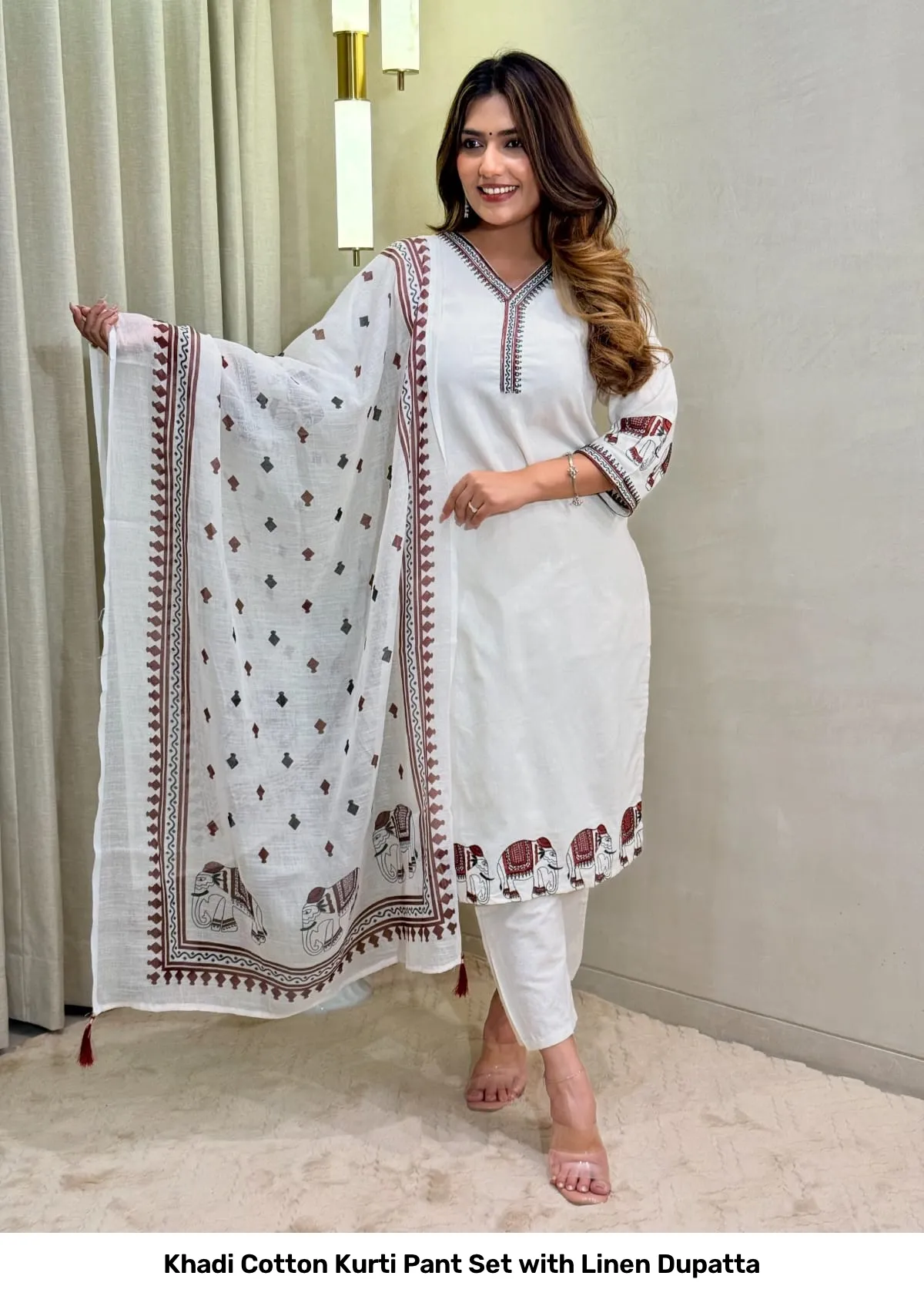 Khadi Cotton Kurti Pant Set with Linen Dupatta 3