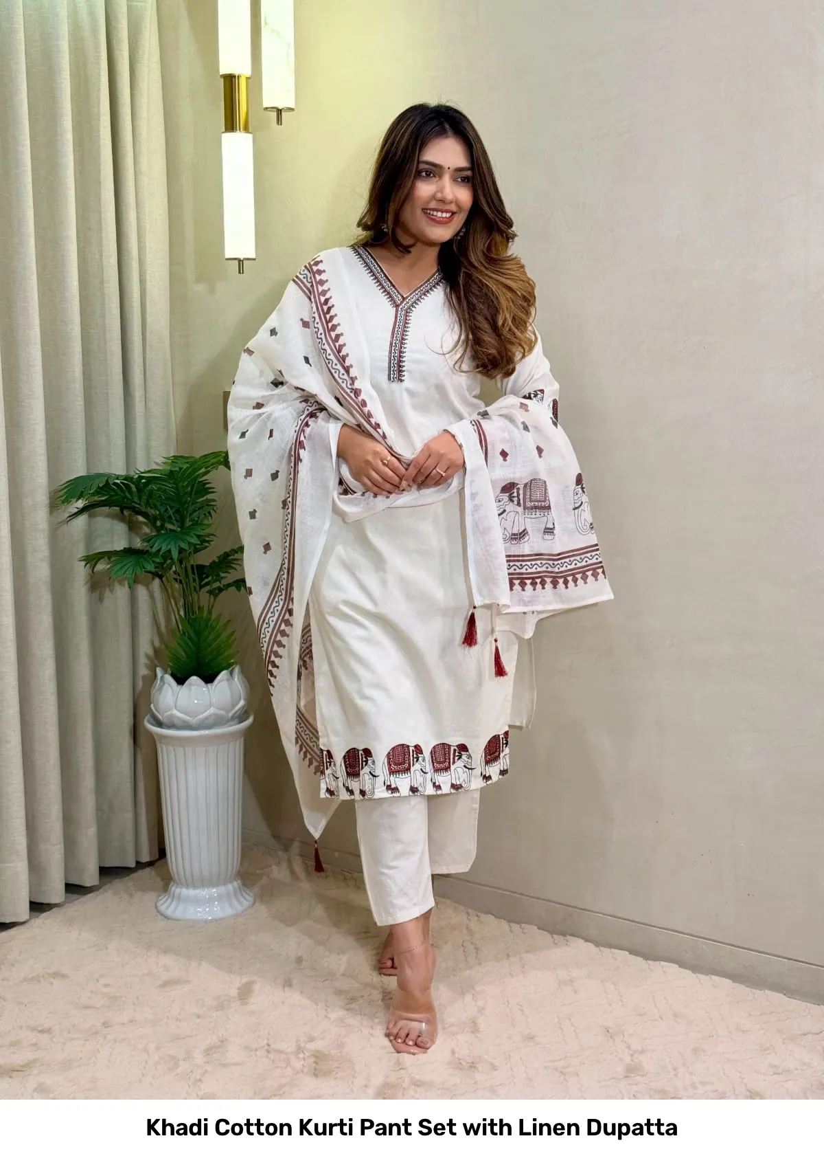 Khadi Cotton Kurti Pant Set with Linen Dupatta 4