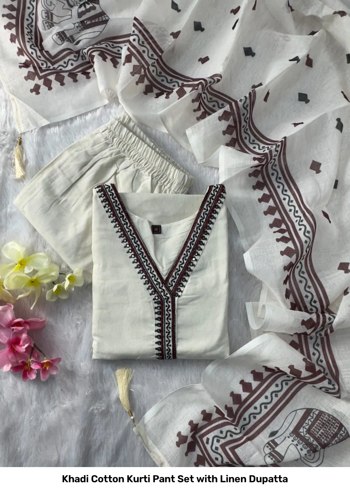 Khadi Cotton Kurti Pant Set with Linen Dupatta 5