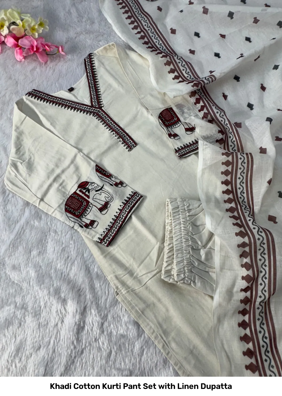 Khadi Cotton Kurti Pant Set with Linen Dupatta 6
