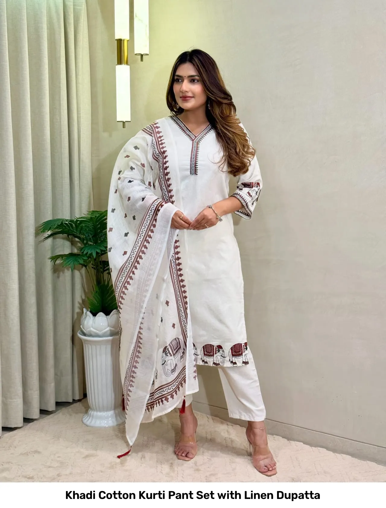 Khadi Cotton Kurti Pant Set with Linen Dupatta 7