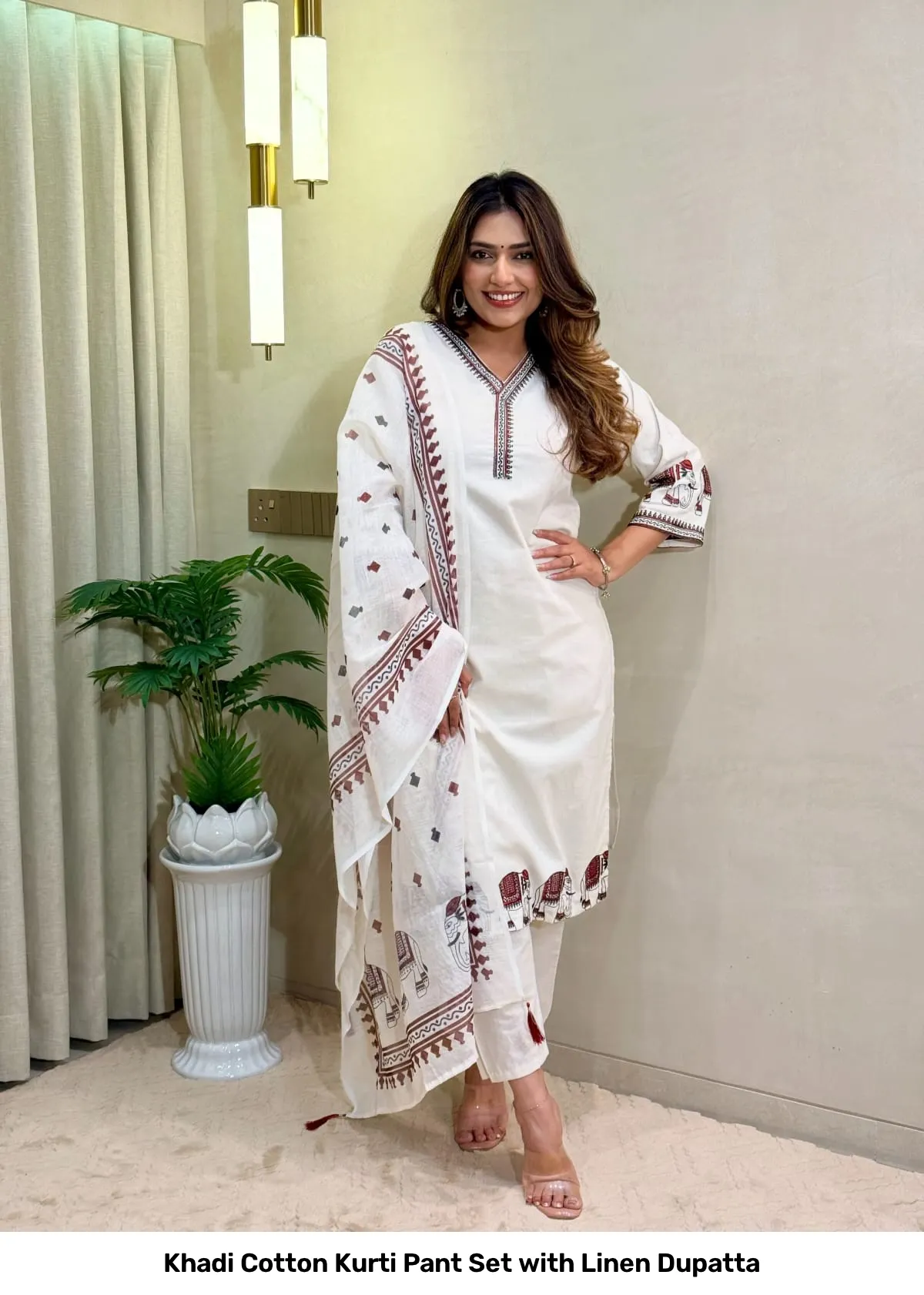 Khadi Cotton Kurti Pant Set with Linen Dupatta 8