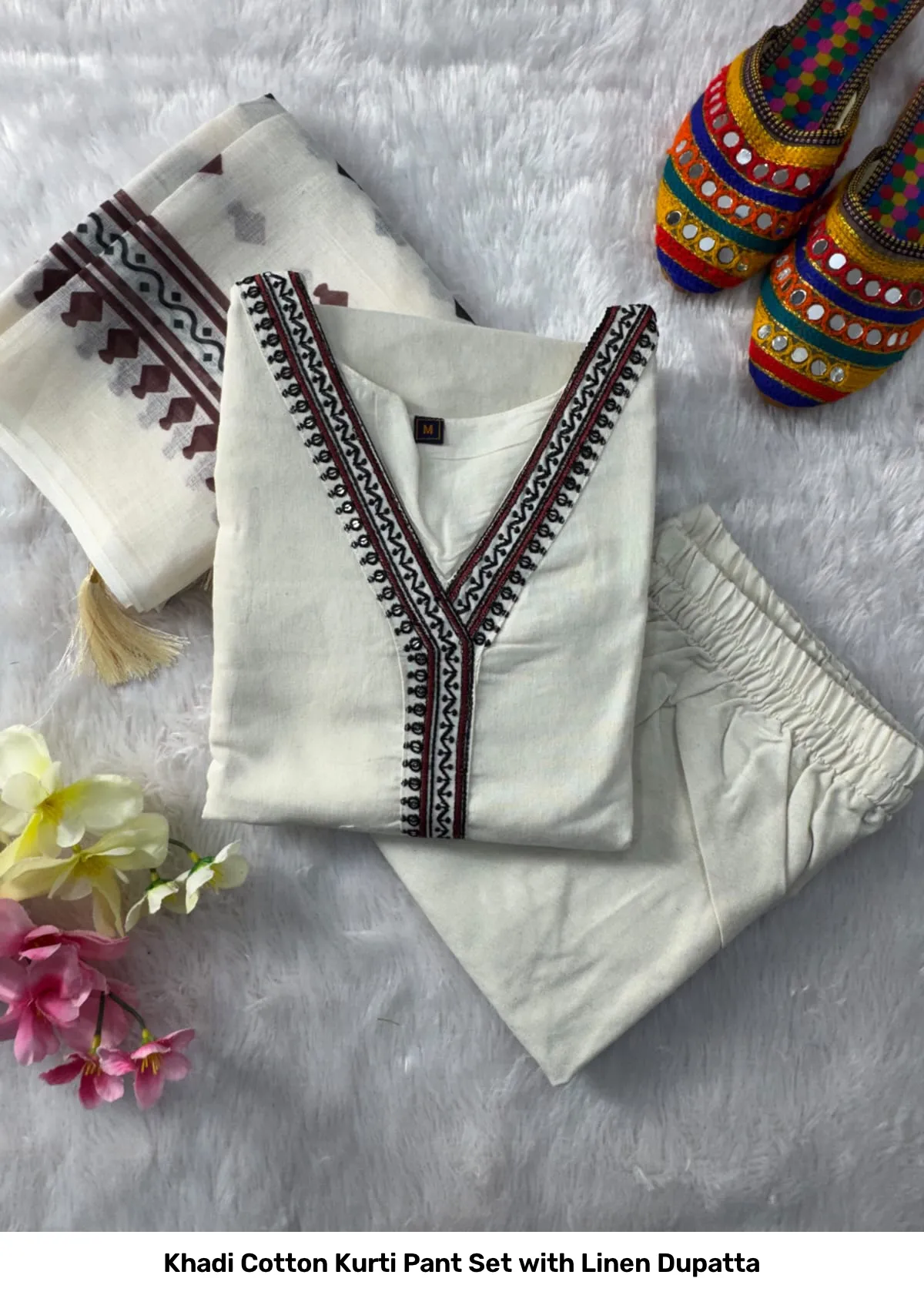 Khadi Cotton Kurti Pant Set with Linen Dupatta 9