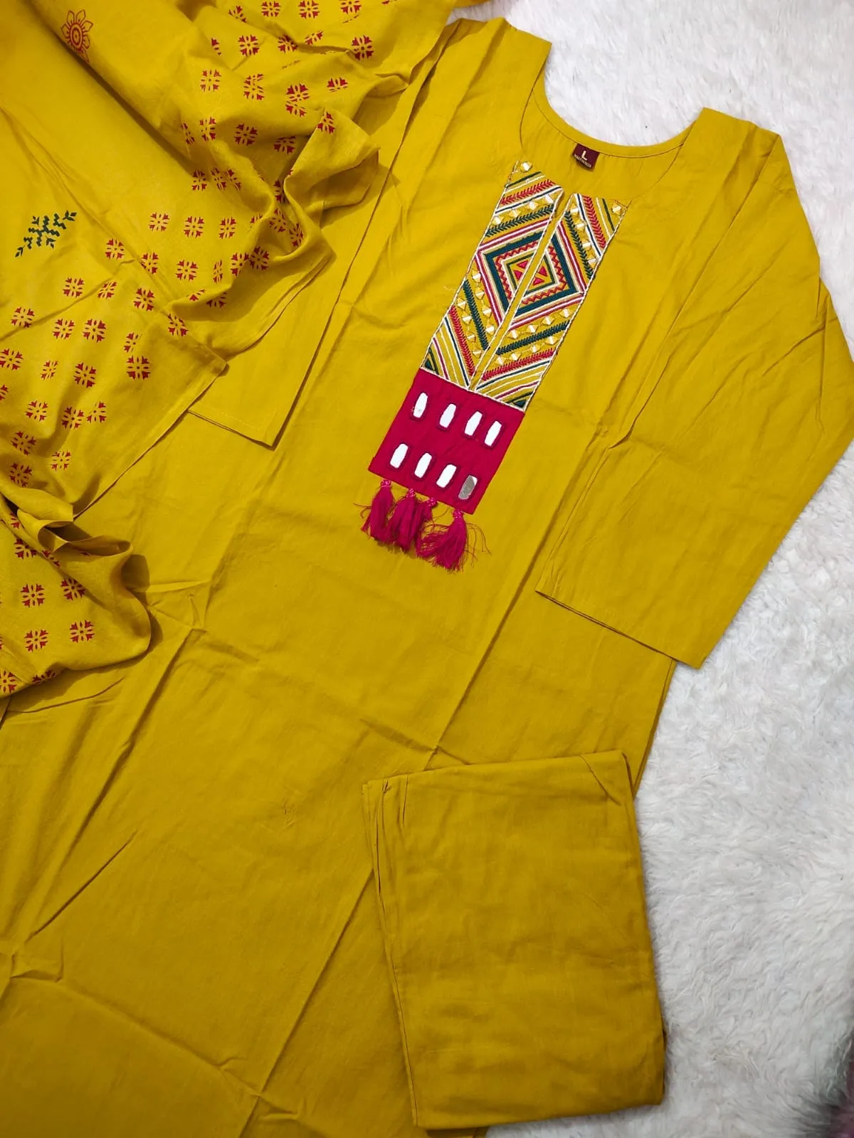 Kutch Embroidered Pure Cotton Kurta Pant Set with Block Print Dupatta (M–4XL) | 3-Piece Office & Festive Ethnic Suit Set