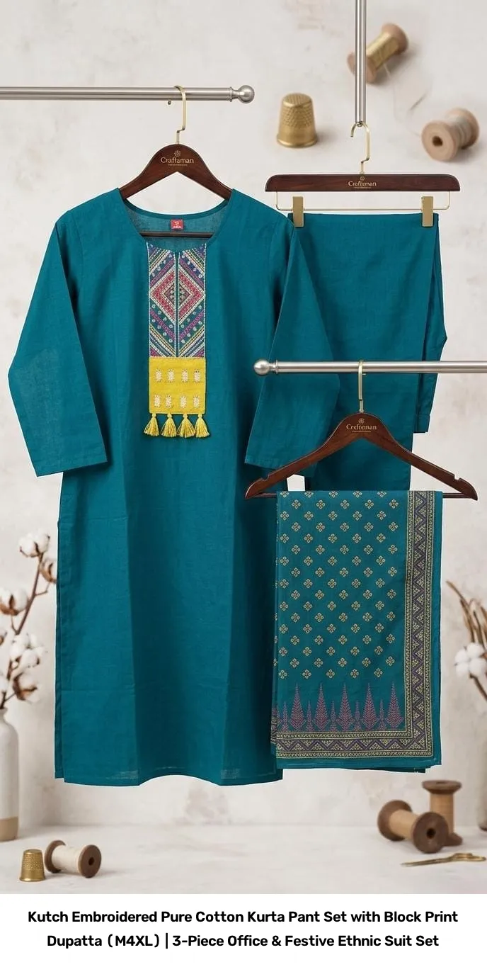 Kutch Embroidered Pure Cotton Kurta Pant Set with Block Print Dupatta (M–4XL) | 3-Piece Office & Festive Ethnic Suit Set 3