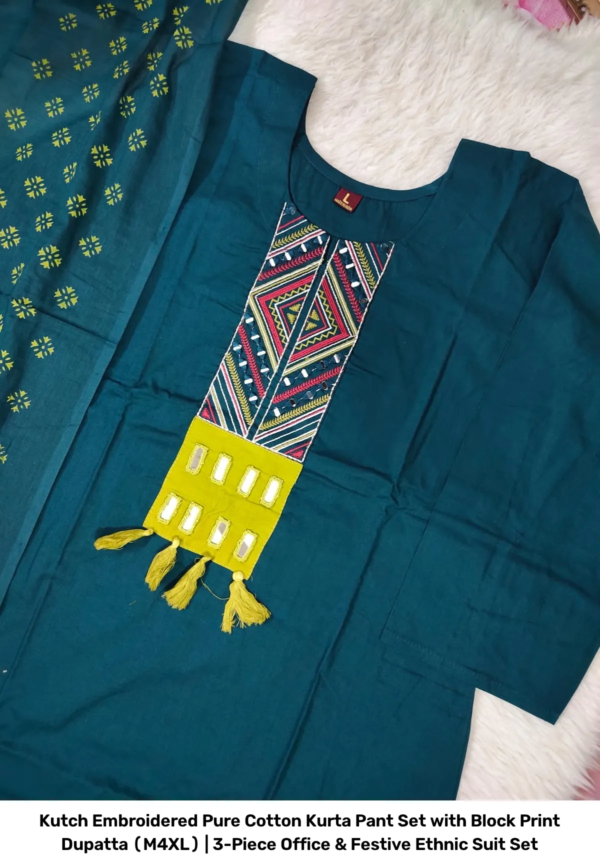 Kutch Embroidered Pure Cotton Kurta Pant Set with Block Print Dupatta (M–4XL) | 3-Piece Office & Festive Ethnic Suit Set 4