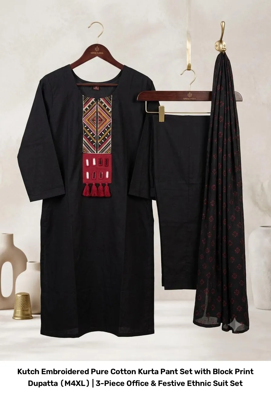 Kutch Embroidered Pure Cotton Kurta Pant Set with Block Print Dupatta (M–4XL) | 3-Piece Office & Festive Ethnic Suit Set 5