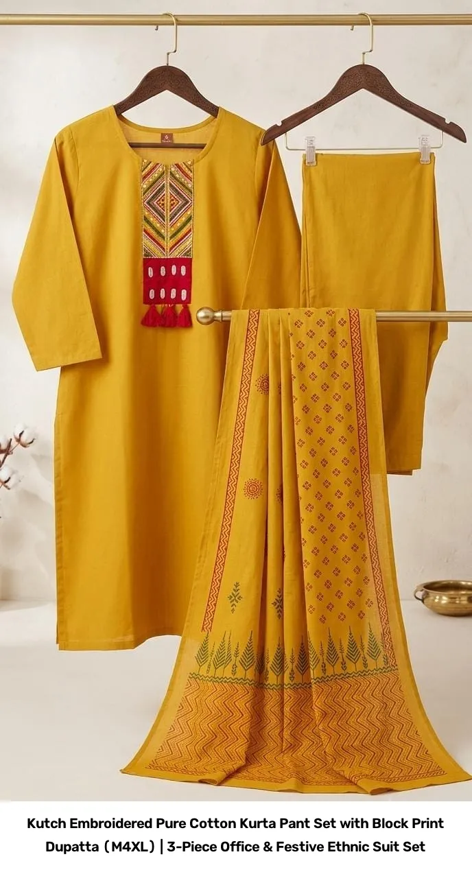 Kutch Embroidered Pure Cotton Kurta Pant Set with Block Print Dupatta (M–4XL) | 3-Piece Office & Festive Ethnic Suit Set 6