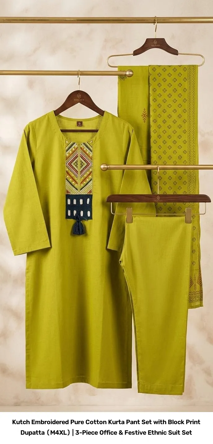 Kutch Embroidered Pure Cotton Kurta Pant Set with Block Print Dupatta (M–4XL) | 3-Piece Office & Festive Ethnic Suit Set 7