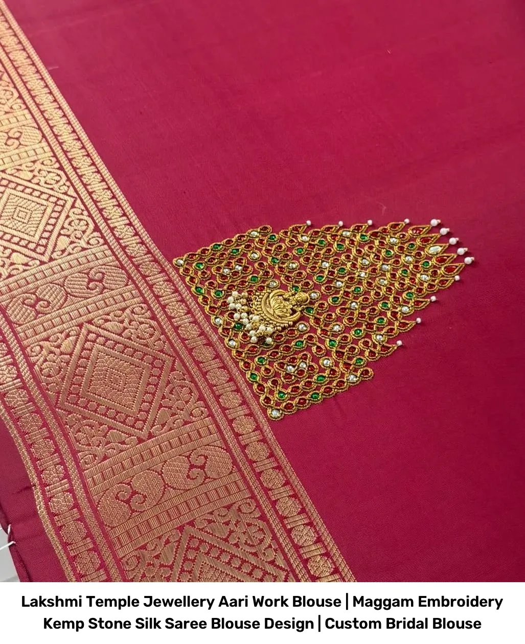 Lakshmi Temple Jewellery Aari Work Blouse | Maggam Embroidery Kemp Stone Silk Saree Blouse Design | Custom Bridal Blouse 2