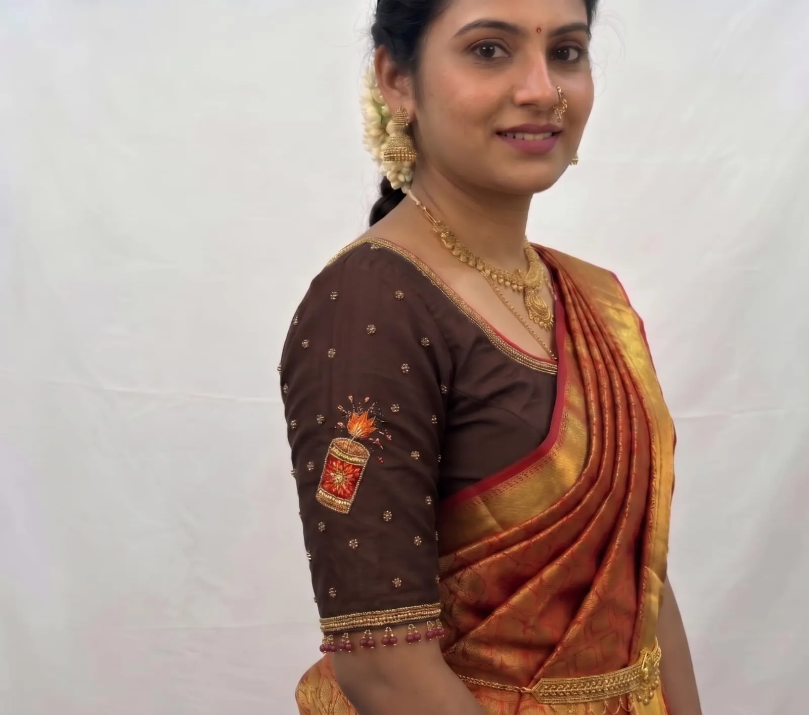 Latest Firecracker Aari Work Unstitched Blouse Design Festive Wear