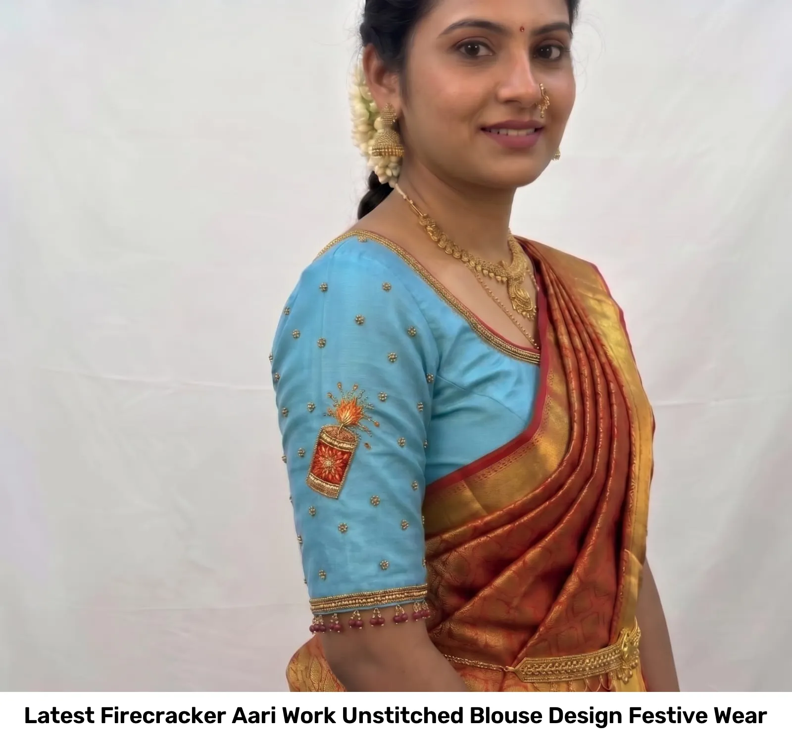 Latest Firecracker Aari Work Unstitched Blouse Design Festive Wear 6
