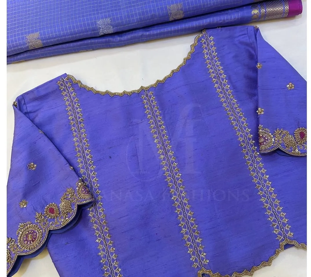 Lavender Blue Silk Blouse with Scallop Peacock Maggam Work