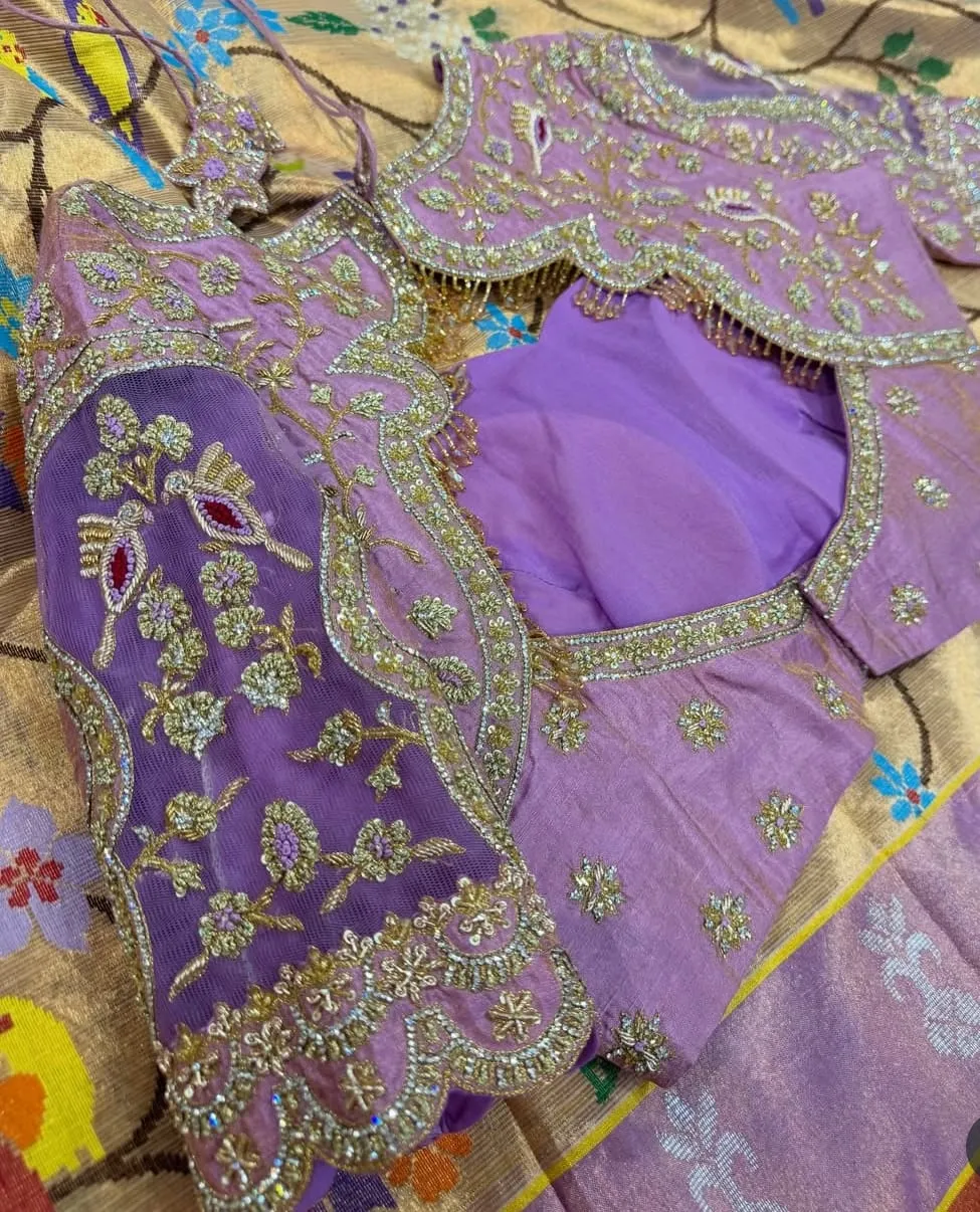 Lavender Hand Embroidered Aari Work Bridal Blouse – Organza Sheer Sleeve Cutwork with Zardosi Vine & Beaded Fringe