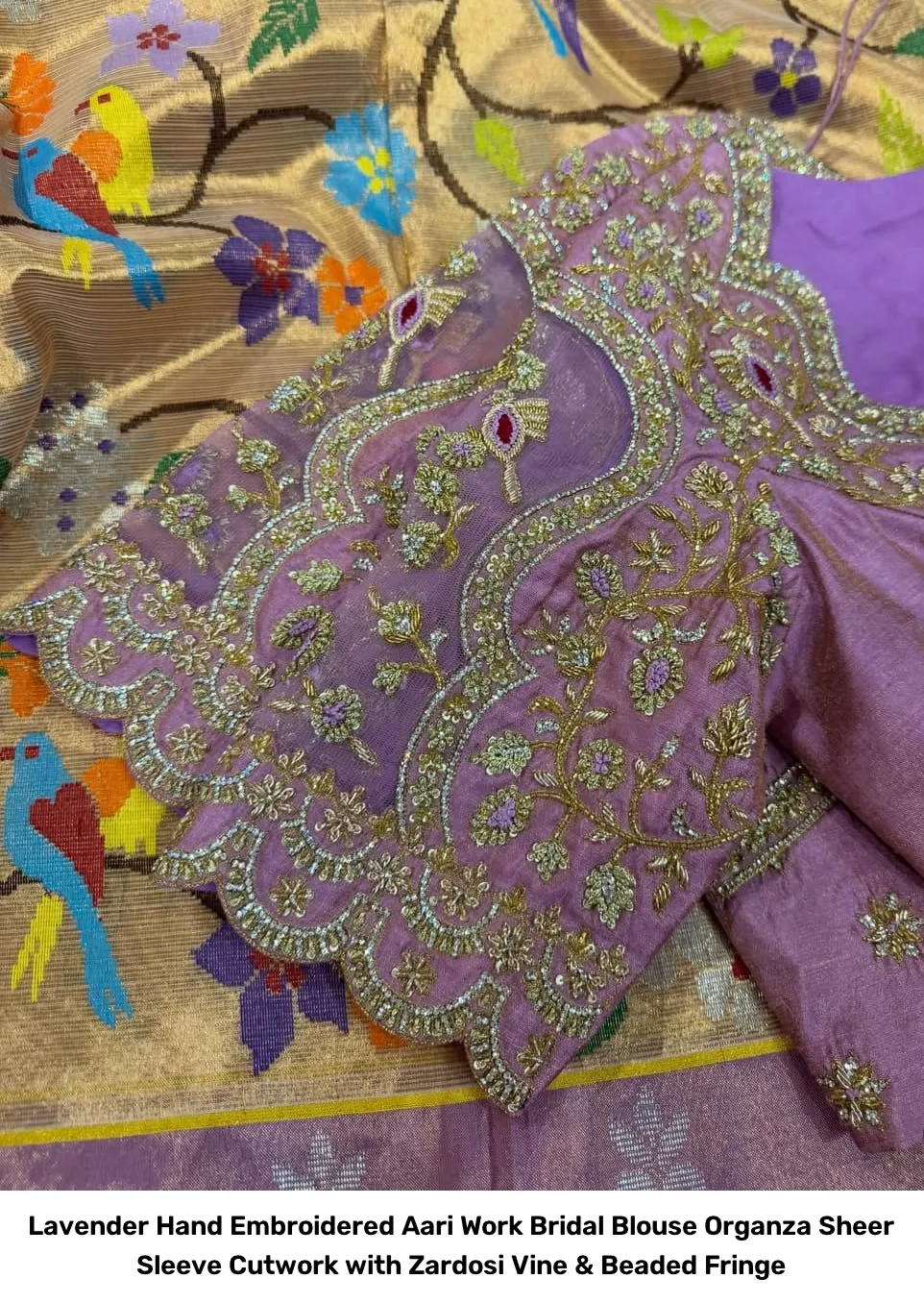 Lavender Hand Embroidered Aari Work Bridal Blouse – Organza Sheer Sleeve Cutwork with Zardosi Vine & Beaded Fringe 2