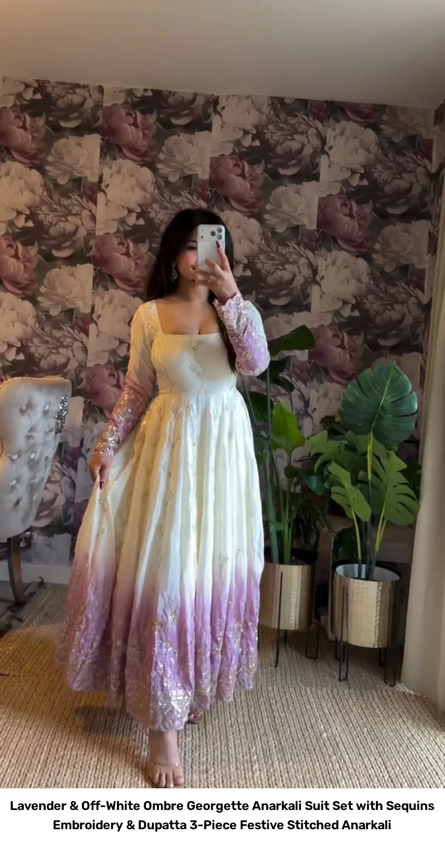 Lavender & Off-White Ombre Georgette Anarkali Suit Set with Sequins Embroidery & Dupatta – 3-Piece Festive Stitched Anarkali 10