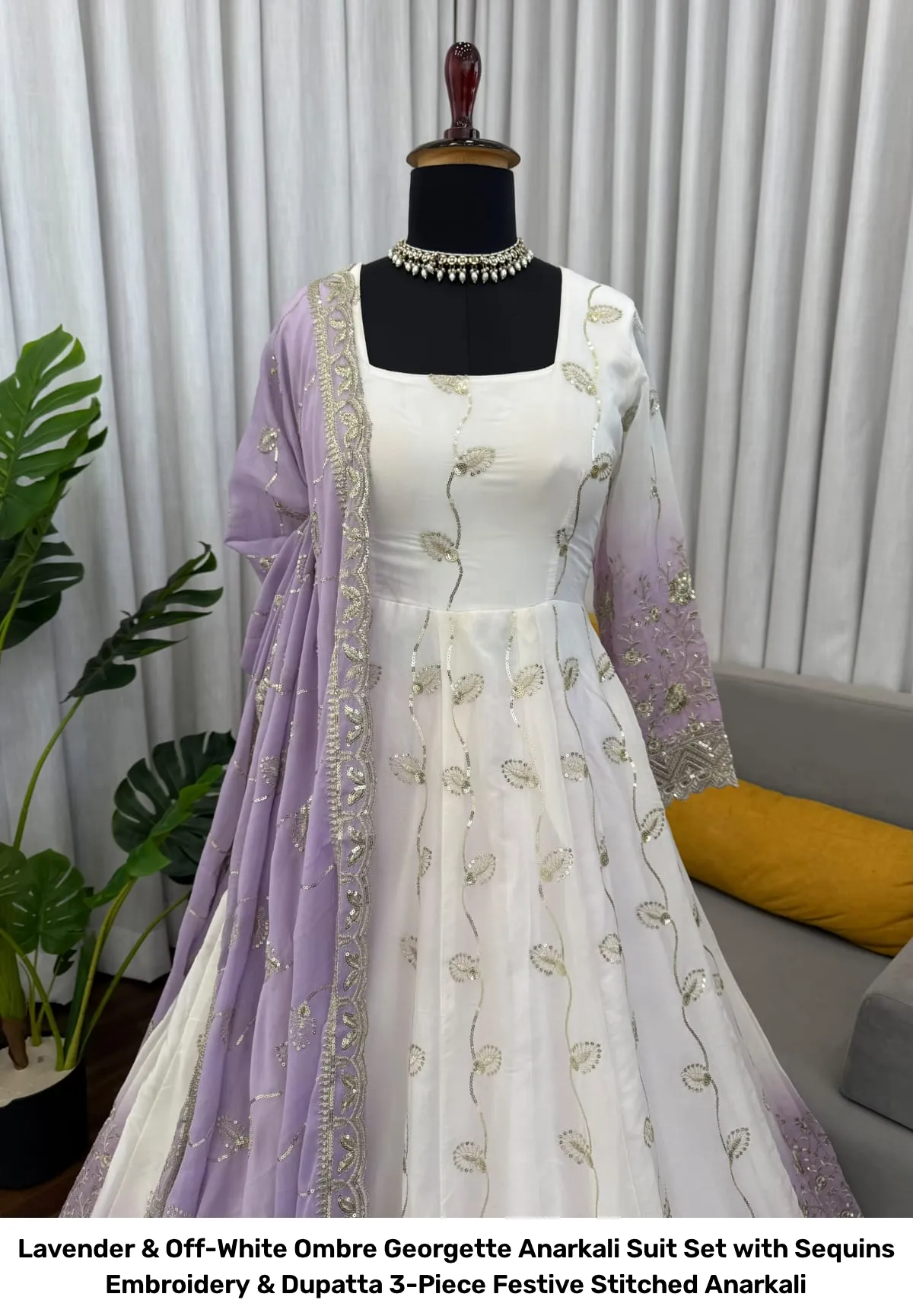 Lavender & Off-White Ombre Georgette Anarkali Suit Set with Sequins Embroidery & Dupatta – 3-Piece Festive Stitched Anarkali 11