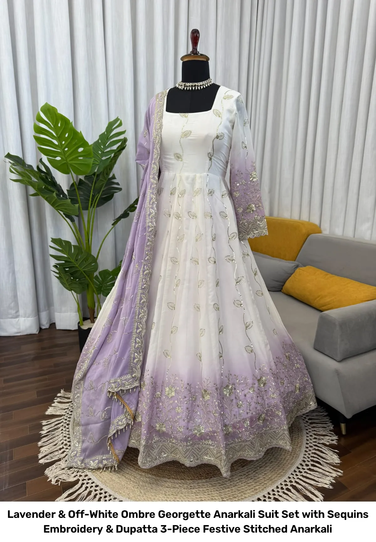 Lavender & Off-White Ombre Georgette Anarkali Suit Set with Sequins Embroidery & Dupatta – 3-Piece Festive Stitched Anarkali 12