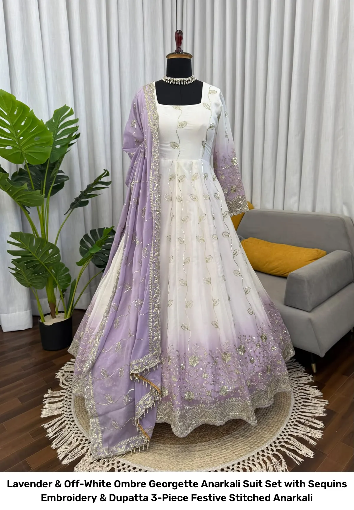 Lavender & Off-White Ombre Georgette Anarkali Suit Set with Sequins Embroidery & Dupatta – 3-Piece Festive Stitched Anarkali 13